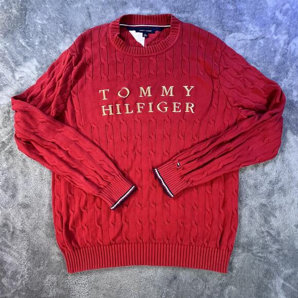 Tommy Hilfiger Sweater Mens 2XL Red Cable Knit Crewneck Spell Out Embroidered - Picture 1 of 8